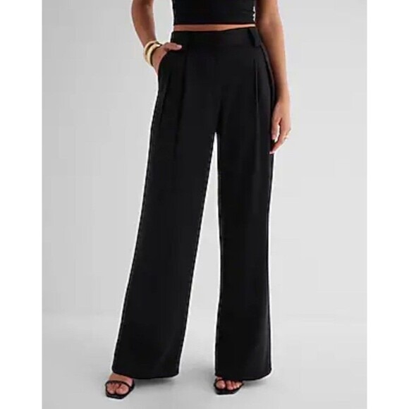 Express Stylist Wide Leg High Rise Pleated Pants 6 L Trouser Black Womens Casual - Picture 1 of 10